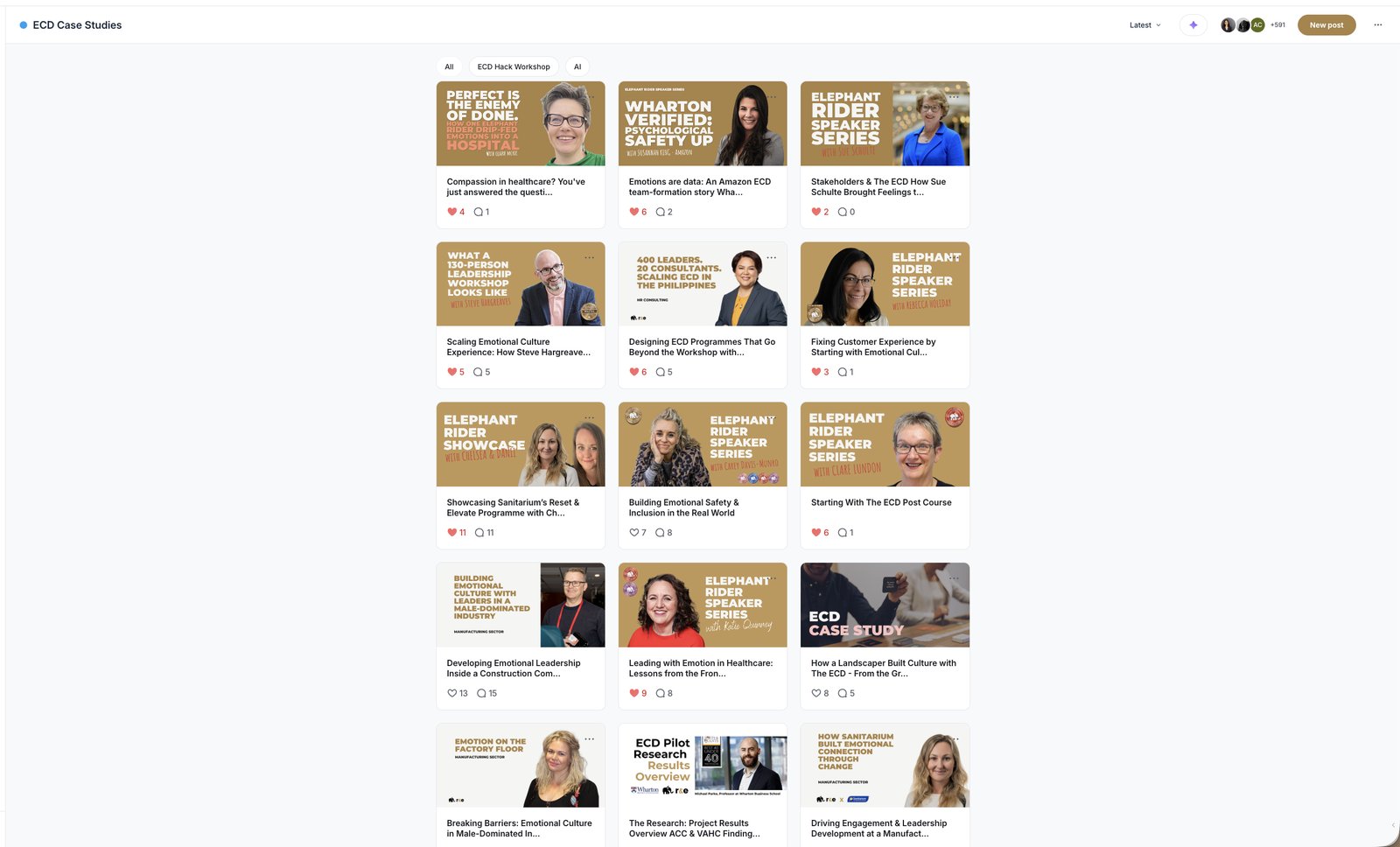 A preview of the ECD Case Studies library inside the community, real case studies from teams doing this work