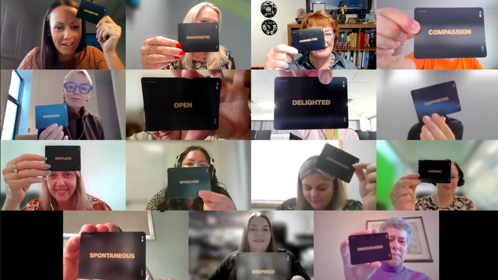 Real riders&elephants community members on a video call, each holding up a card from the Emotional Culture Deck showing a real feeling word