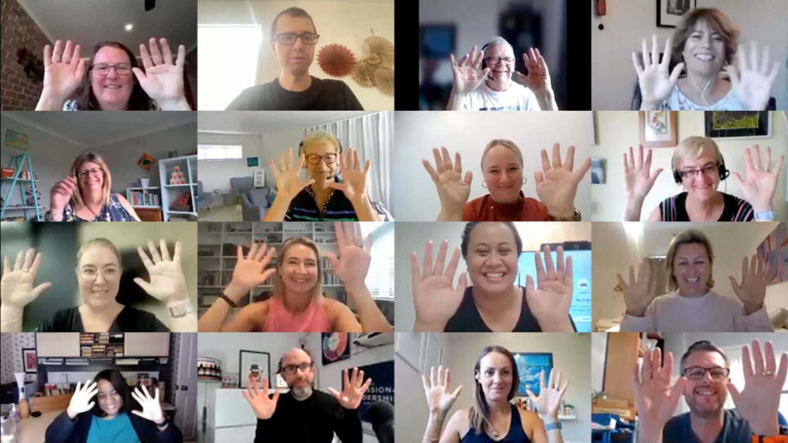 A grid of real riders&elephants community members waving hello on a live Course Conversation Call