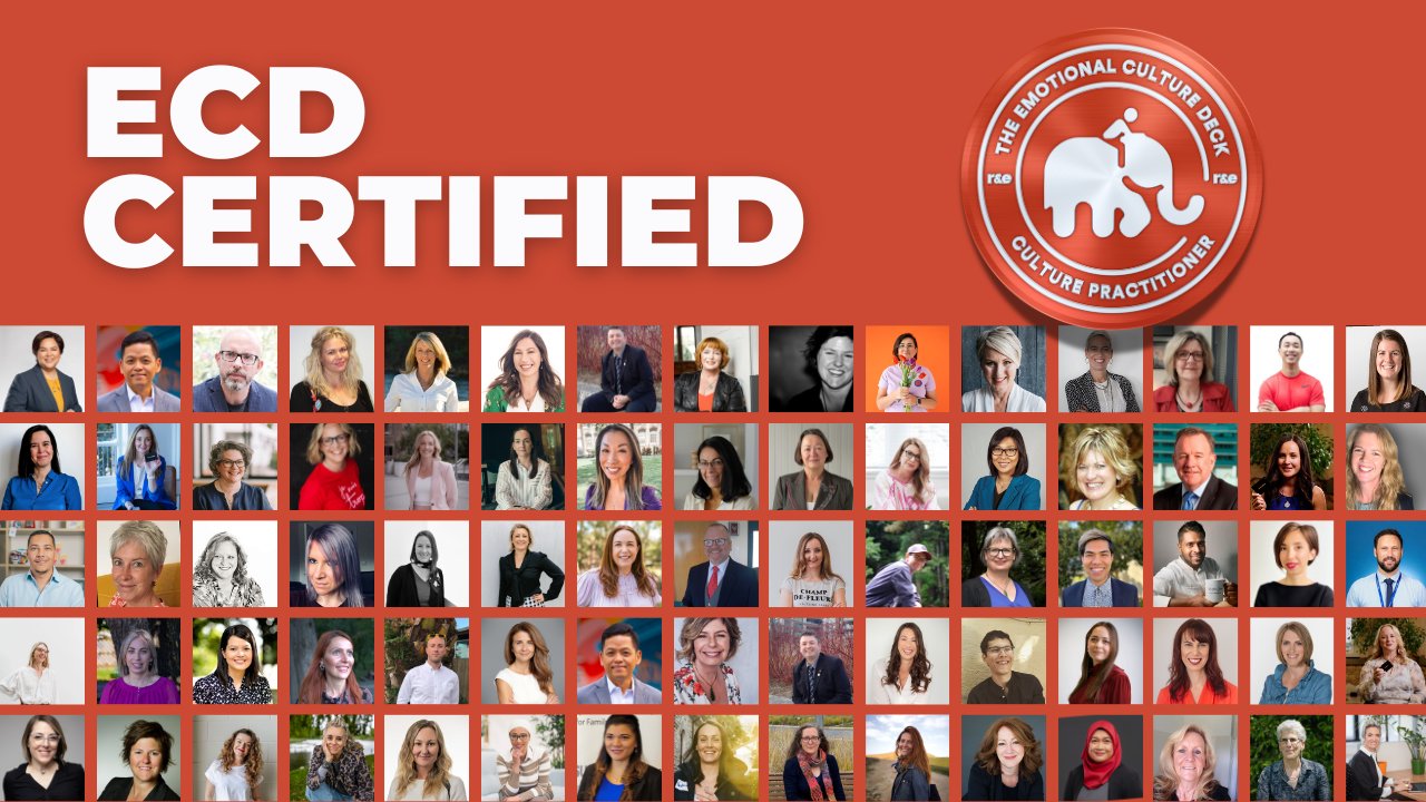 A collage of ECD Certified graduate faces alongside the Emotional Culture Deck Culture Practitioner badge
