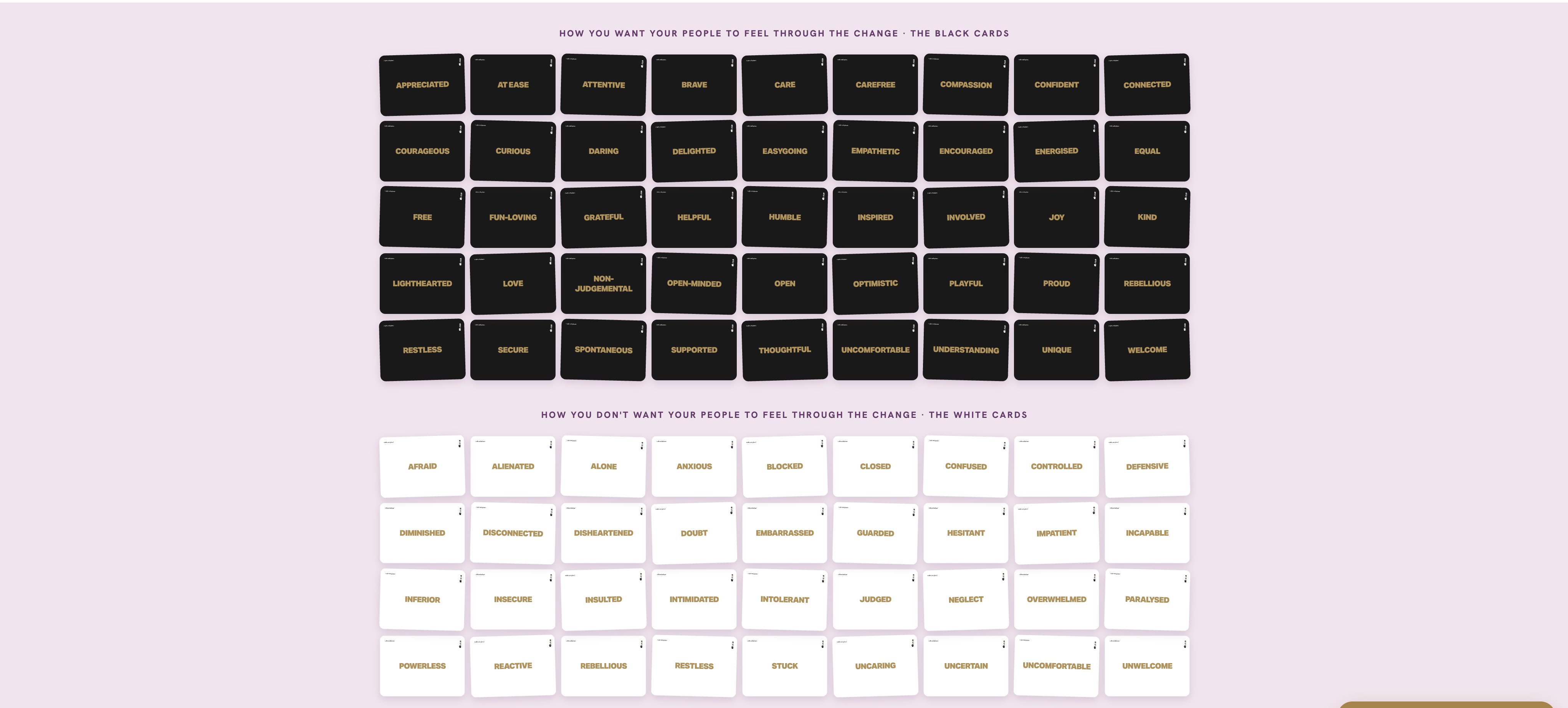 The digital one-pager, every emotion card on one page, black and white sets for the change