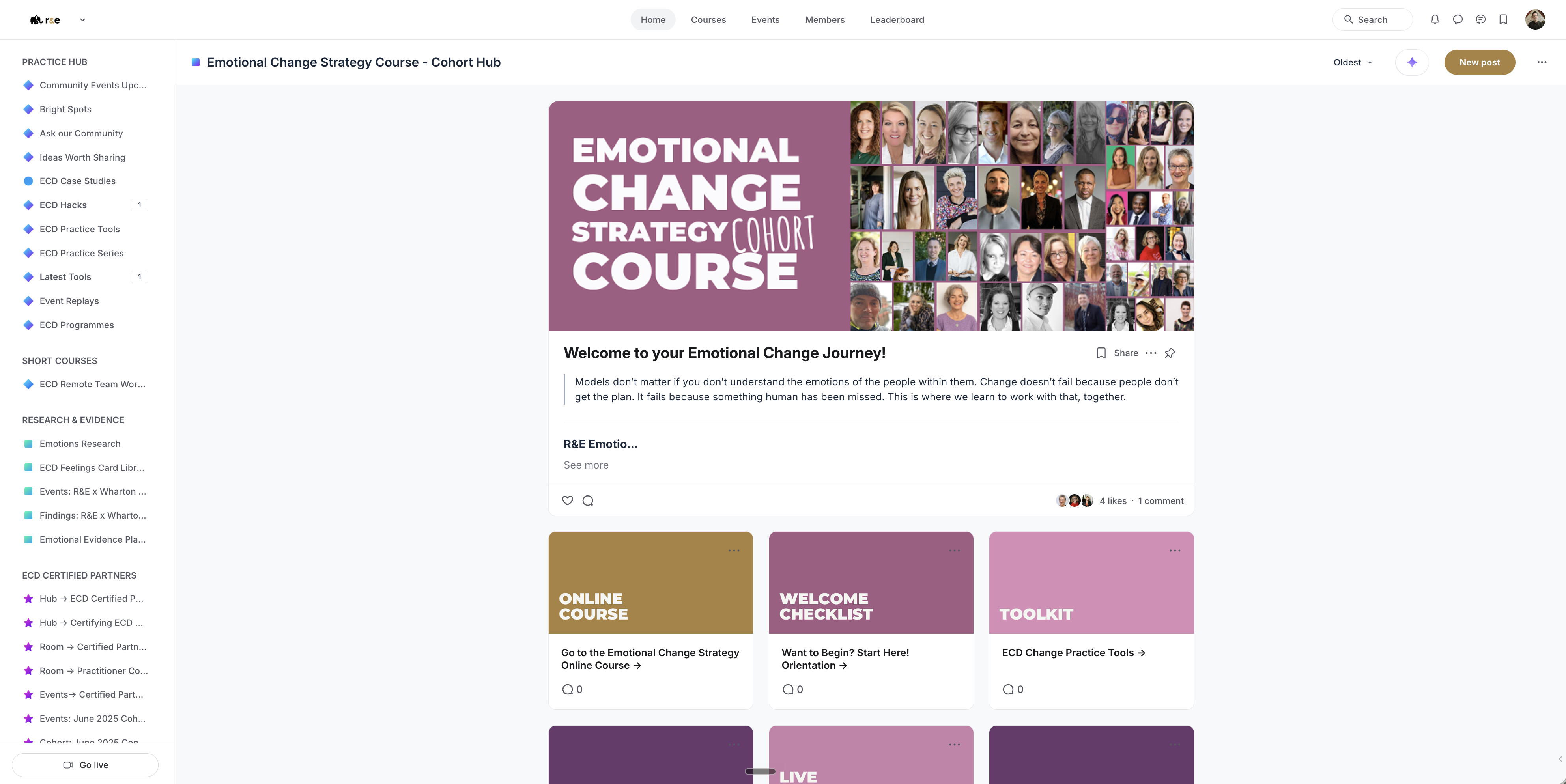 The Emotional Change Strategy Course cohort hub, with the online course, welcome checklist, toolkit, cohort room, live calls and roadmap
